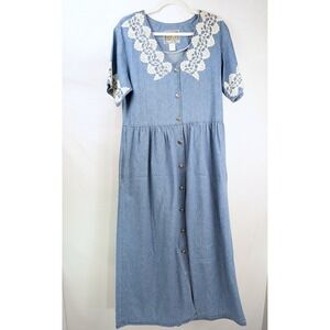 Vtg 90s Crochet Lace Denim Button Maxi Dress S‎ Blue Pockets Cottagecore Prairie